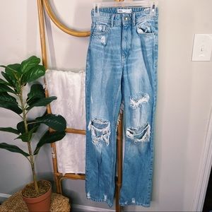 Zara High Rise Distressed Denim Straight Leg Jeans sz 0